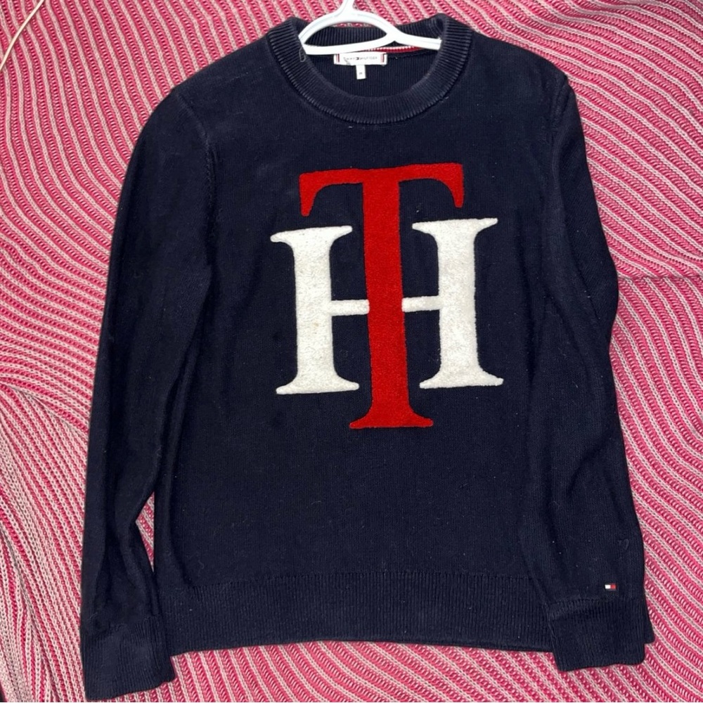 Tommy Hilfiger Men's Black Sweater with Red and White Logo